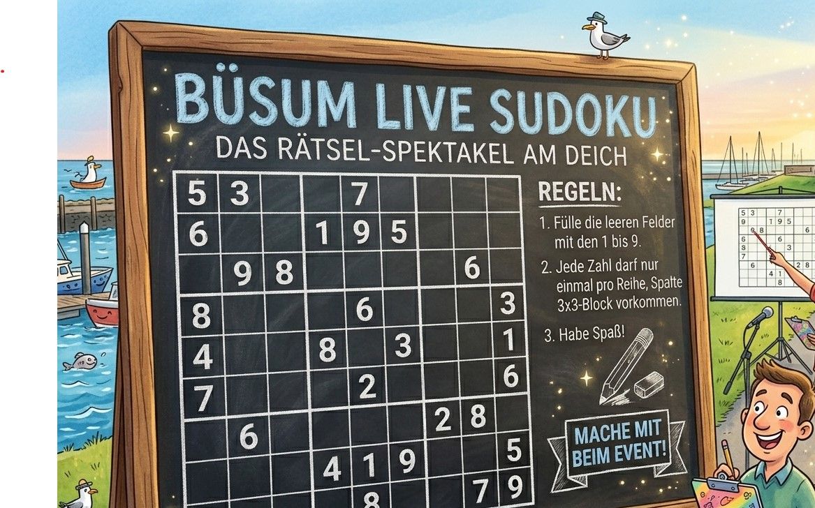 Tafel auf der mit Kreide Büsum-live Sudoku steht und ein Sudoku Spielfeld aufgemalt ist.